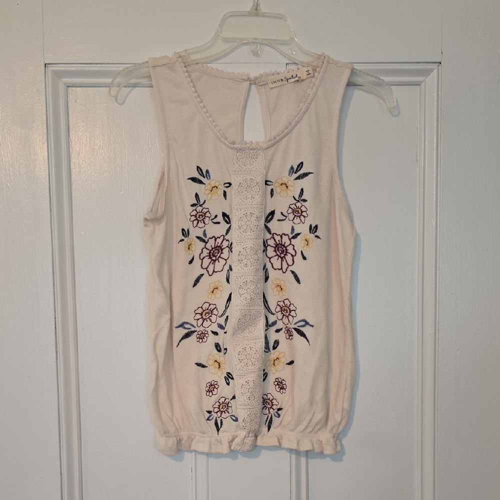 Embellished Cream Tank Top with Floral Embroidery